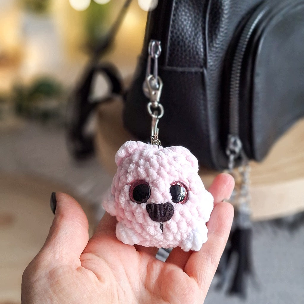 Pink Teddy Bear Keychain, Handmade Plush Amigurumi, 14 cm, for Backpack or Keys