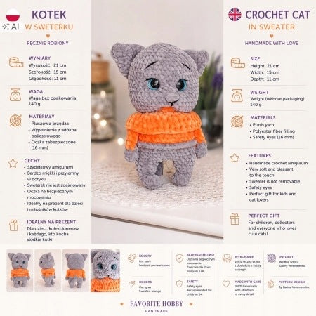 Kitten in a Sweater Plush Toy, Handmade Crochet, 21 cm
