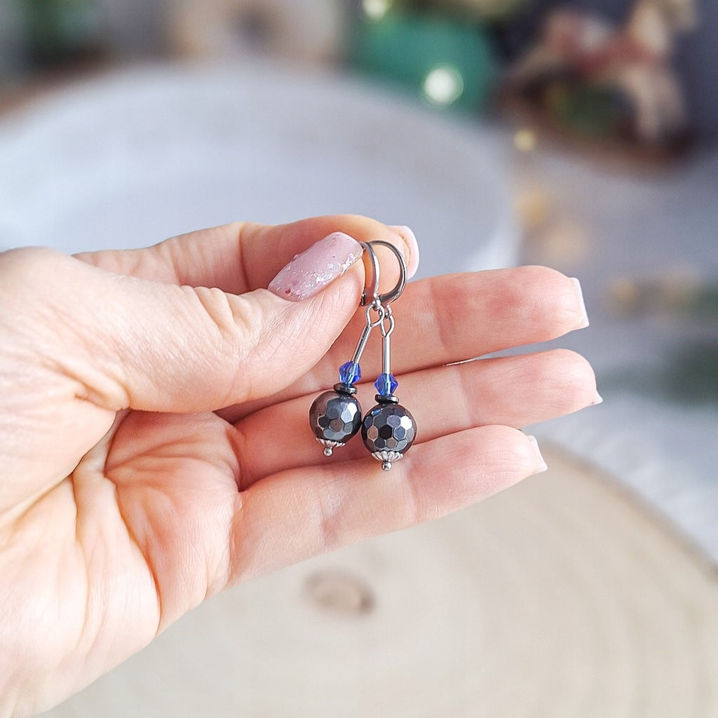 Hematite Ball Earrings with Beads, Surgical Steel, Dangle