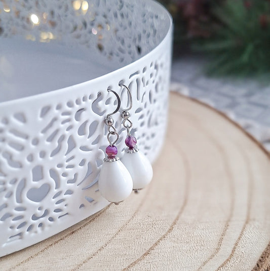 White Agate Drop Earrings with Bead, Surgical Steel, 4 cm
