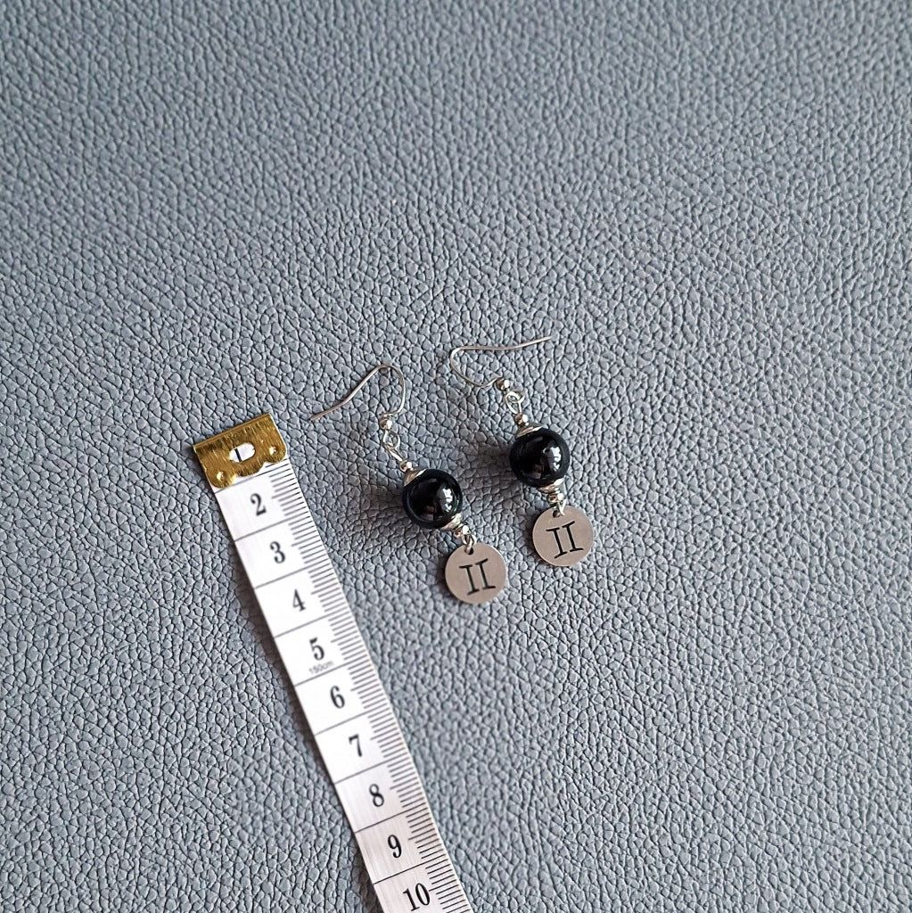 Gemini Earrings, Black Agate, Surgical Steel, Handmade
