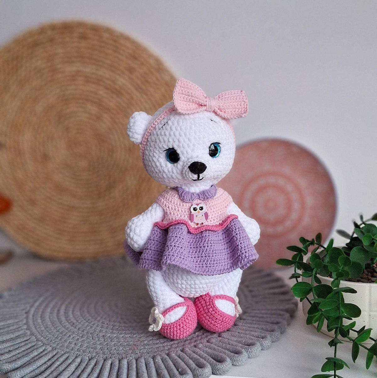 White Teddy Bear Plush 28cm Pink Dress Crochet Amigurumi Nursery Baby Gift