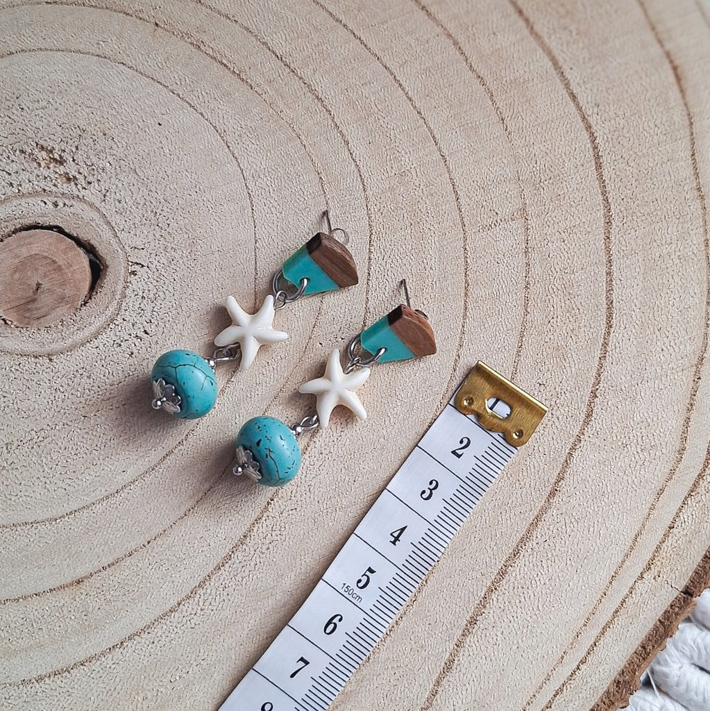 Nautical-Style Stud Earrings, Turquoise Howlite, Shells, Surgical Steel