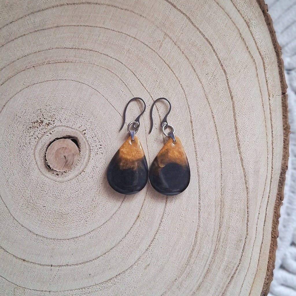 Geometric Black-Brown Epoxy Resin Earrings, Surgical Steel